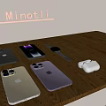 Apple Smartphones In Black White Purple With Smartwatch And Wireless Earbuds On Wooden Table