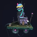 Cartoon Scene With 24h Cafe Neon Sign Green Guitar Old House And Platform Steps