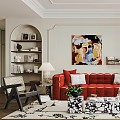 Elegant Modern Living Room Interior With Red Sofa White Armchair Rug Wall Art And Plant
