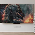 Large Wall Mounted TV Displaying Dragon And Female Character With Stacked Books