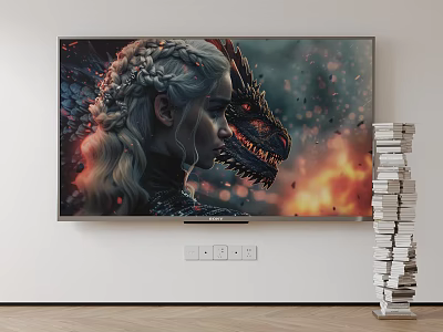 Large Wall Mounted TV Displaying Dragon And Female Character With Stacked Books 3d model