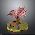Traditional Japanese Torii Gate With Pink Cherry Blossom Green Grass And Lanterns