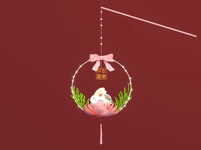 Hanging Circular Decorative Ornament Set With Pink Bow Peace and Joy Characters Lotus and Rabbit 3d model