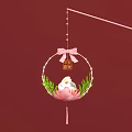 Hanging Circular Decorative Ornament Set With Pink Bow Peace and Joy Characters Lotus and Rabbit