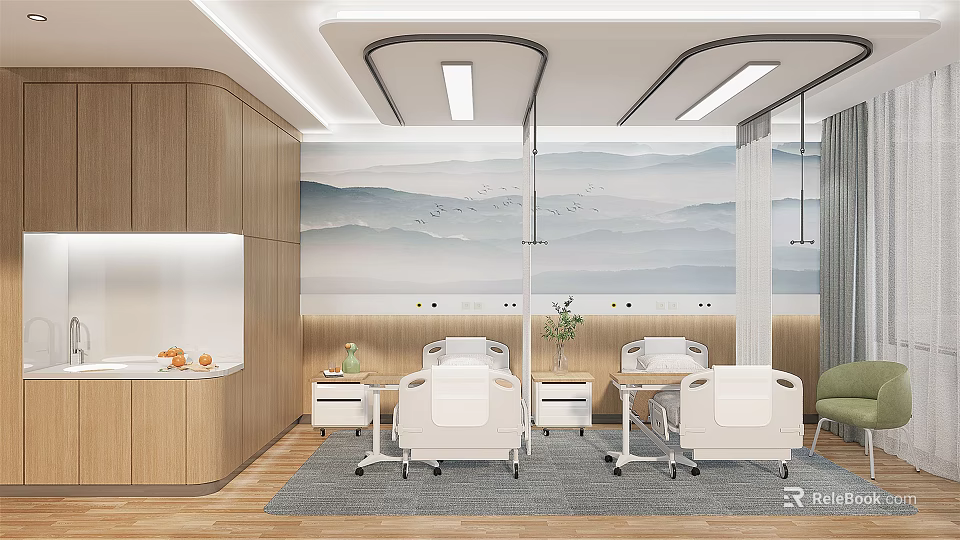 Elegant Modern Hospital Outpatient Clinic Interior Design With Comfortable Seats Medical Equipment And Landscape Murals 3d model 