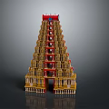 Cartoon Traditional Temple Scene With Red Gold Multi Layered Ornate Structure 3d model
