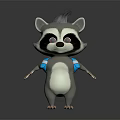 Cartoon Style 3D Game Film Raccoon Character With Gray Fur White Belly And Blue Straps