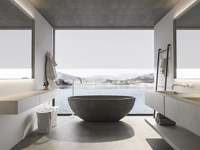 Modern Bathroom Interior Design With Freestanding Bathtub Double Vanity and Large Window Mountain Water View 3d model