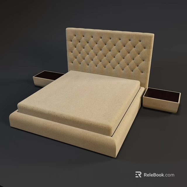 Beige Double Bed With Tufted Headboard And Side Drawers Modern Design 3d model 