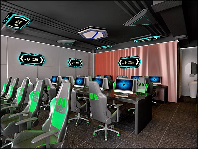 Modern Internet Cafe With Green Gray Gaming Chairs Computers And Illuminated Wall Screens 3d model