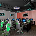 Modern Internet Cafe With Green Gray Gaming Chairs Computers And Illuminated Wall Screens
