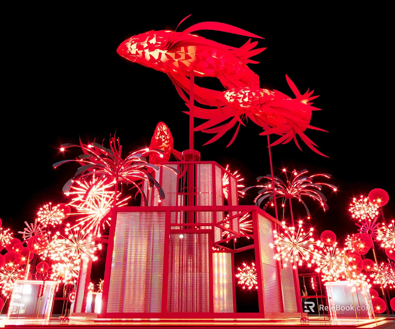 Red Fish Shaped Lantern Art Installation With Firework Like Lights And Night Sky 3d model