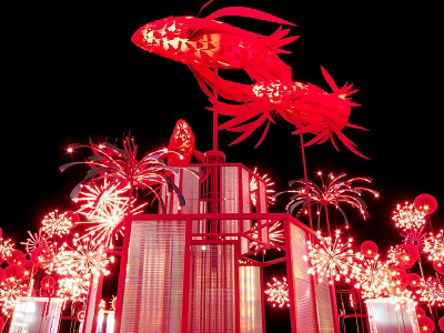 Red Fish Shaped Lantern Art Installation With Firework Like Lights And Night Sky 3d model