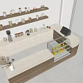 Modern Bar Counter Interior With Shelves Jars Cups And Transparent Display Fridge