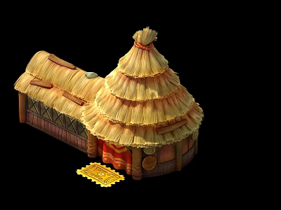 Traditional Thatched Roof House With Wooden Door And Yellow Mat 3d model