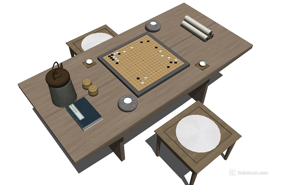 Traditional Go Board Game Entertainment Scene With Wooden Table Stones Stools Teapot And Book 3d model 
