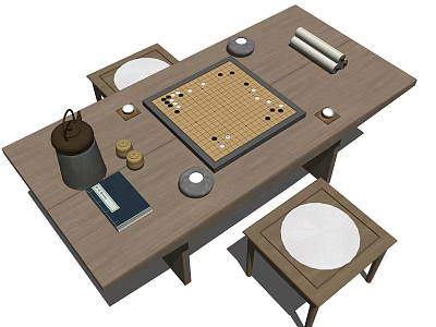 Traditional Go Board Game Entertainment Scene With Wooden Table Stones Stools Teapot And Book 3d model