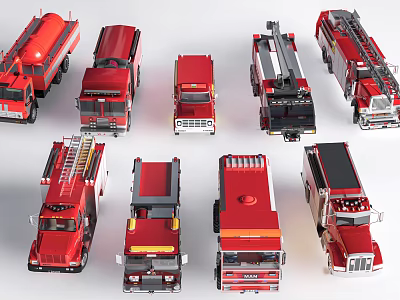 Various Red Fire Truck Models With Different Types And Design Features 3d model