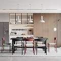 Modern Dining Room With Wooden Wall Pendant Lights Open Kitchen Area And Red Black Chairs