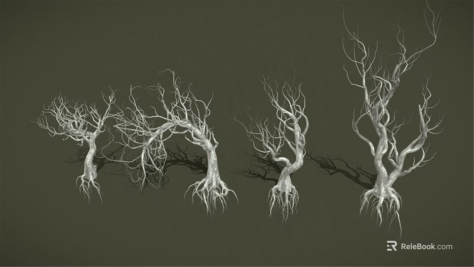Leafless Trees with Exposed Trunks and Roots Arranged in a Row Against Dark Background 3d model