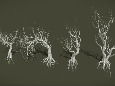Leafless Trees with Exposed Trunks and Roots Arranged in a Row Against Dark Background 3d model