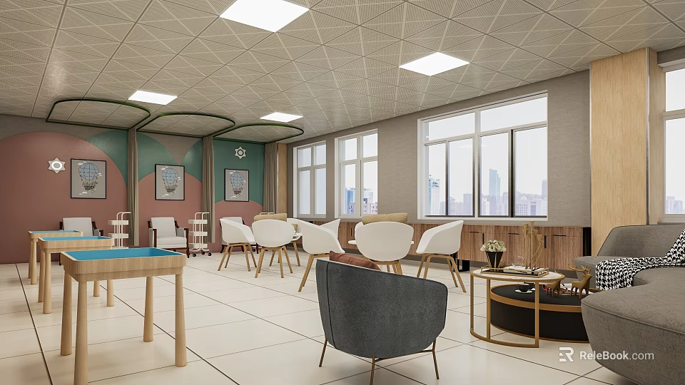 Bright Lounge Area Interior With White Chairs Gray Sofa Large Windows And Wall Art 3d model 