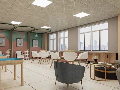 Bright Lounge Area Interior With White Chairs Gray Sofa Large Windows And Wall Art 3d model