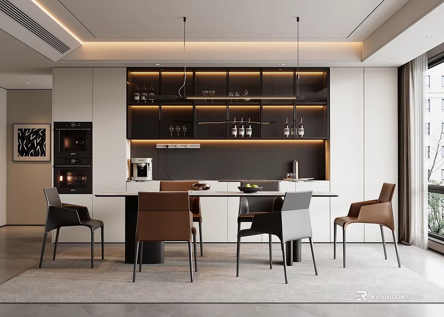 Modern Restaurant Interior With Open Kitchen Dining Table And Pendant Lights 3d model 