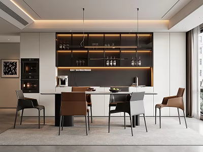 Modern Restaurant Interior With Open Kitchen Dining Table And Pendant Lights 3d model