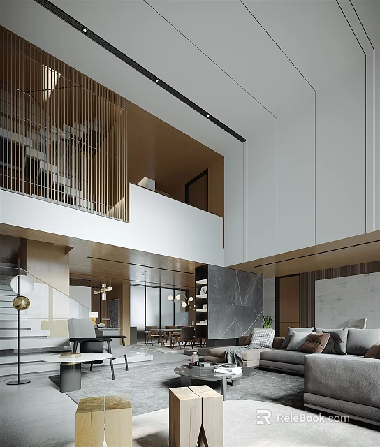 Modern Duplex Living Room Interior Design With Staircase Sofa And Bookshelf Lighting 3d model 