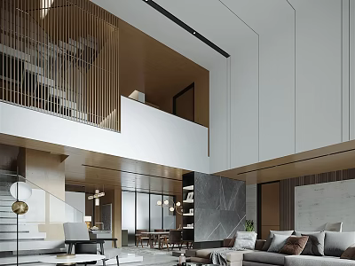 Modern Duplex Living Room Interior Design With Staircase Sofa And Bookshelf Lighting 3d model