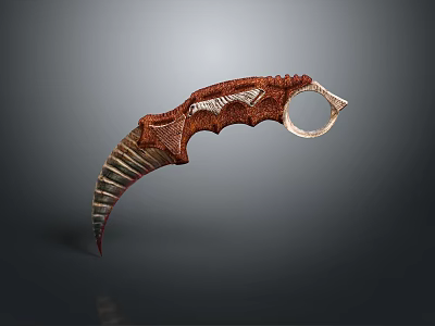 Tactical Karambit Weapon Featuring Serrated Blade Textured Brown Handle and Metal Ring Grip 3d model