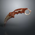 Tactical Karambit Weapon Featuring Serrated Blade Textured Brown Handle and Metal Ring Grip
