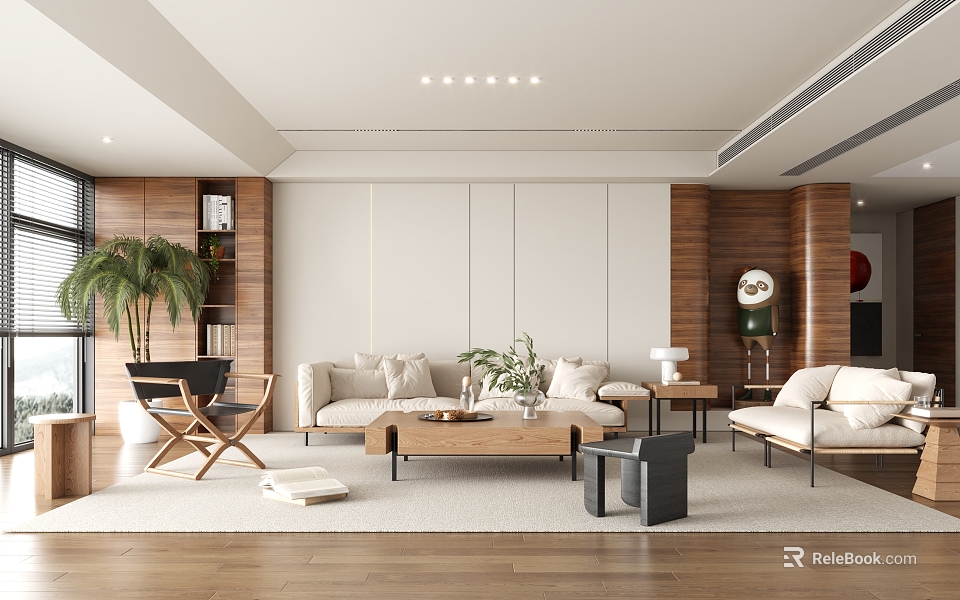 Modern Living Room Interior With Beige Sofa Coffee Table Green Plants And Recessed Lighting 3d model 