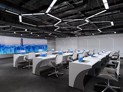 Modern Conference Room Interior Design With Long Tables White Chairs And Blue Screen 3d model