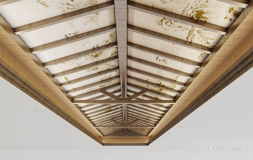 Traditional Wooden Ceiling Design With Decorative Beams And Intricate Patterns 3d model 