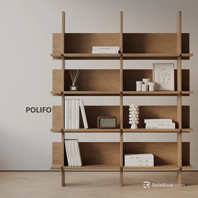 Modern Wooden Bookshelf with Stacked Books Decorative Items Photo Frame and Open Compartments 3d model 