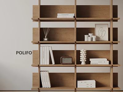 Modern Wooden Bookshelf with Stacked Books Decorative Items Photo Frame and Open Compartments 3d model