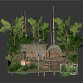 Cartoon Forest Scenery With Thatched Huts Trees Wooden Ladder And Green Vegetation