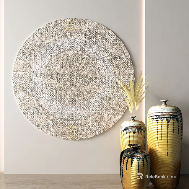 Light Textured Round Rug With Intricate Patterns And Yellow Drip Design Vases 3d model