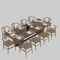 Wooden Rectangular Dining Table and Chair Set with Rattan Seats and Tabletop Decor 3d model