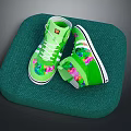 Green High Top Shoes With Colorful Decorations White Laces On Green Mat