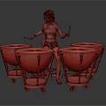Woman Playing Timpani Drums With Drumsticks In Gray T-Shirt And Denim Shorts