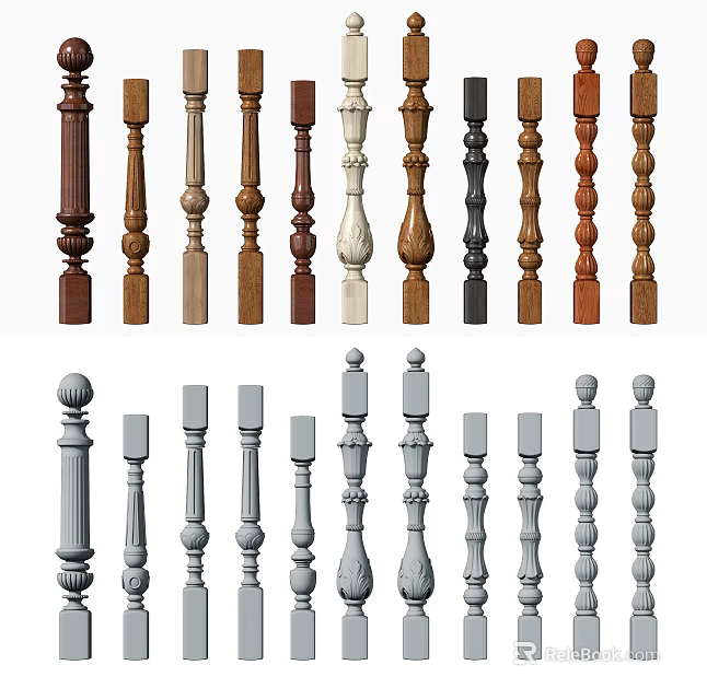 Various Wooden And Gray Balusters With Decorative And Simple Architectural Designs 3d model 