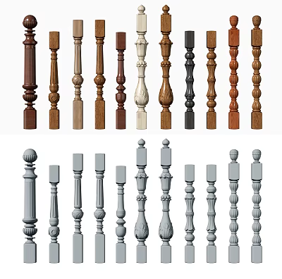 Various Wooden And Gray Balusters With Decorative And Simple Architectural Designs 3d model