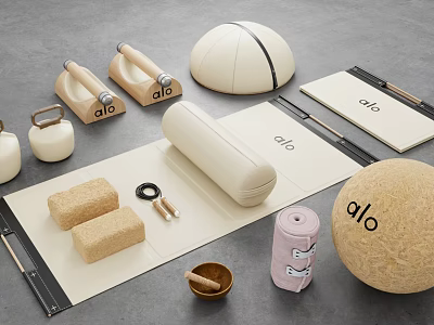 Essential ALO Yoga Accessories Including Mat Blocks Ball Roller Singing Bowl Water Bottle And Towel 3d model