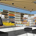 Modern General Merchandise Supermarket Interior With Checkout Counters Shelves And Fresh Fruits