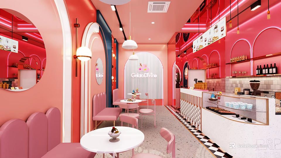 Pink Dessert Shop Interior Design With Arched Decor White Tables Chairs And Counter 3d model 