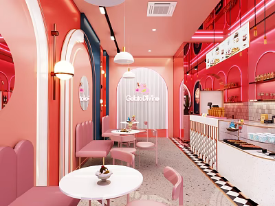 Pink Dessert Shop Interior Design With Arched Decor White Tables Chairs And Counter 3d model