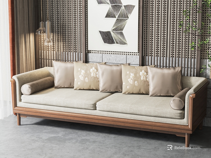 Beige Double Sofa With Patterned Cushions And Wooden Legs In Modern Living Room 3d model 